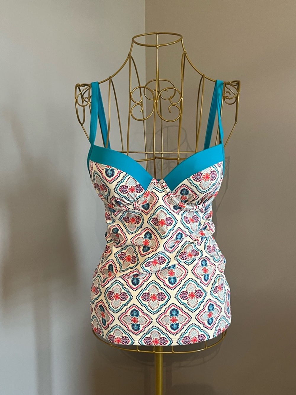 Boden Turquoise, Pink and Navy Paisley Print Swim Top US34A